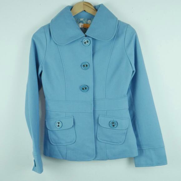 Anthropologie Tulle XS Peacoat Baby Blue Quirky Peter Pan Collar Buttons Twee - Picture 1 of 16